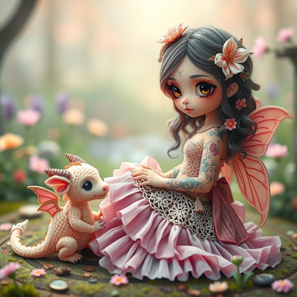 Pastel Fairy and Baby Dragon in Dreamy Landscape