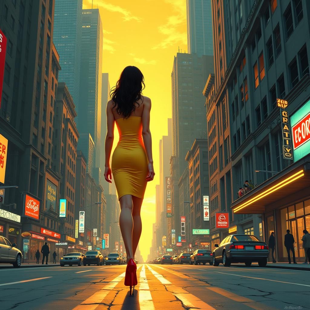 Woman in Yellow Dress Walking in City Sunset