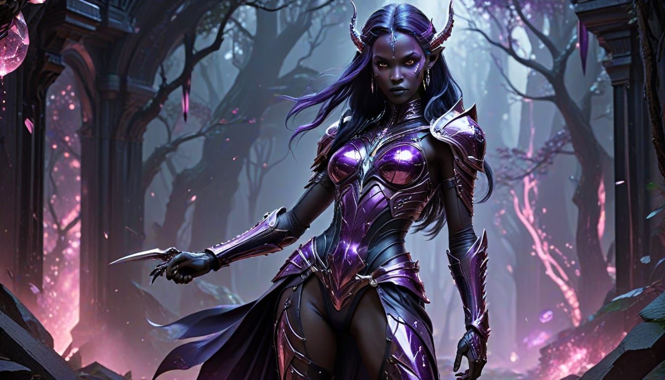 Dark Elf Warrior in Violet Hues, with Sparkling Pink Eyes an...