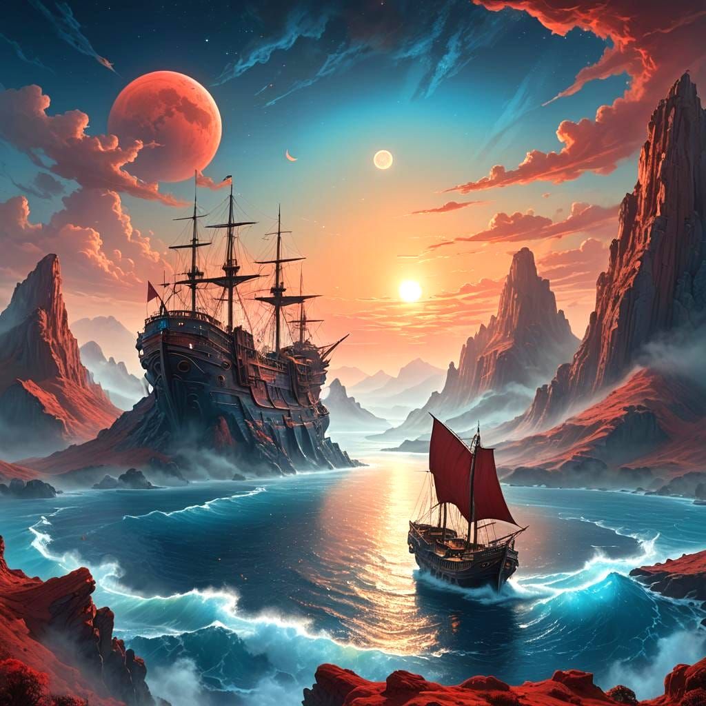 Fantastical Ship Between Red Hills, Detailed Matte Painting