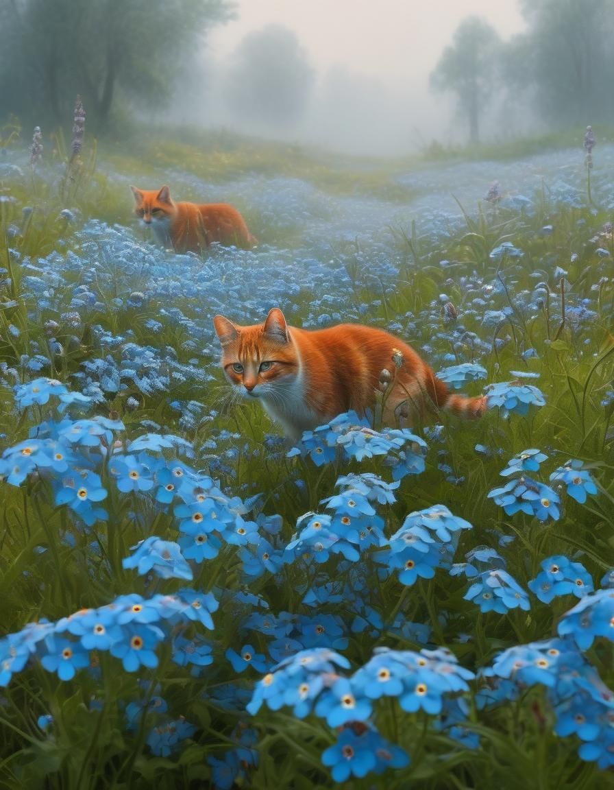 Hyperdetailed Red Cat in Forget-Me-Not Meadow