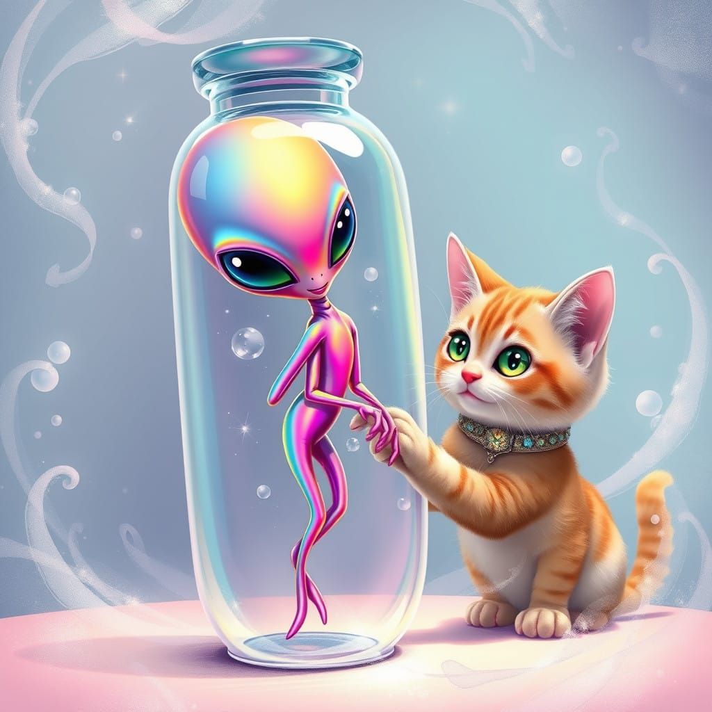 Whimsical Alien Encounter in a Transparent Bottle