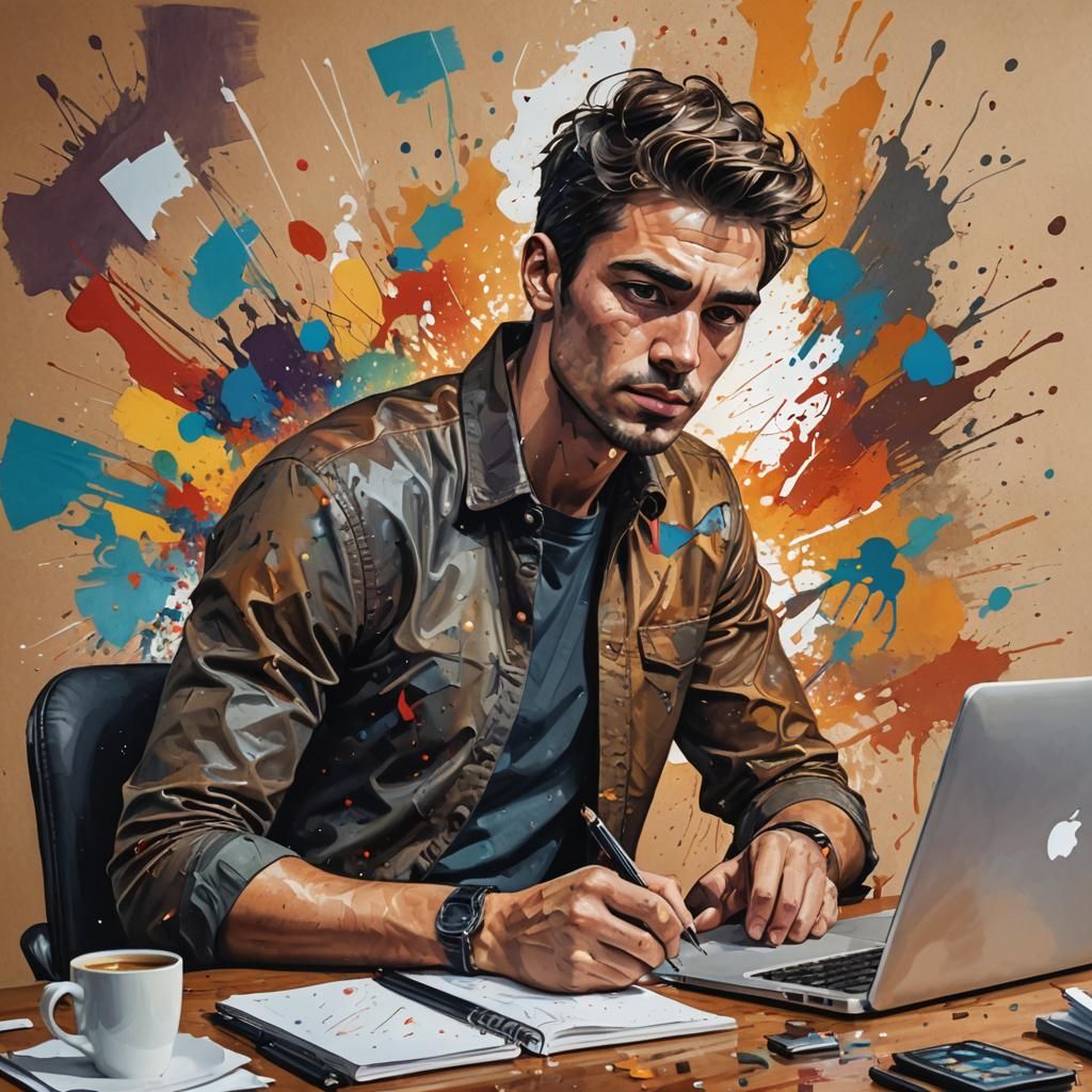 Young Journalist at Laptop with Abstract Art