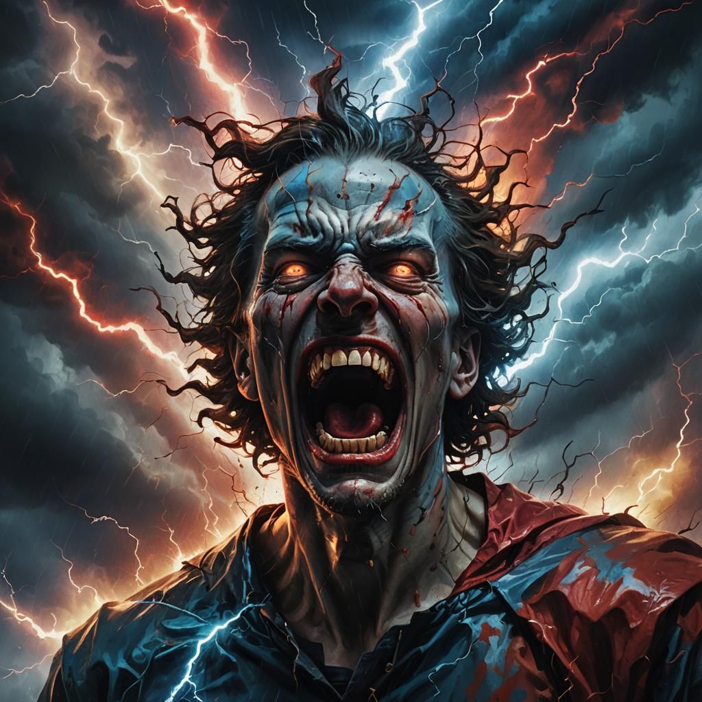 Screaming Figure Surrounded by Lightning, Hyperrealistic Art