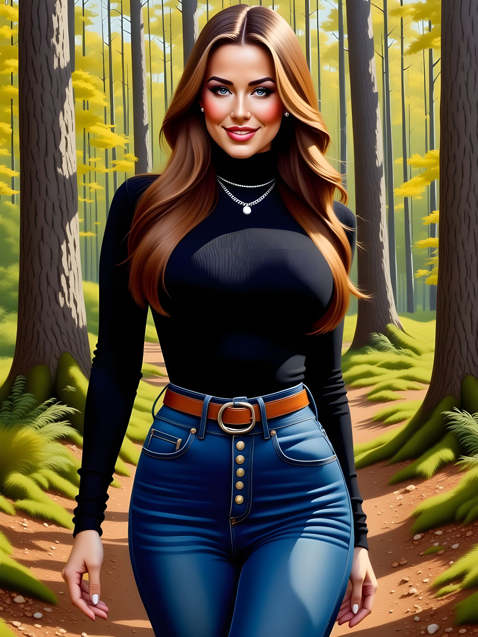 Enticing Woman in Forest, Impasto Oil Painting