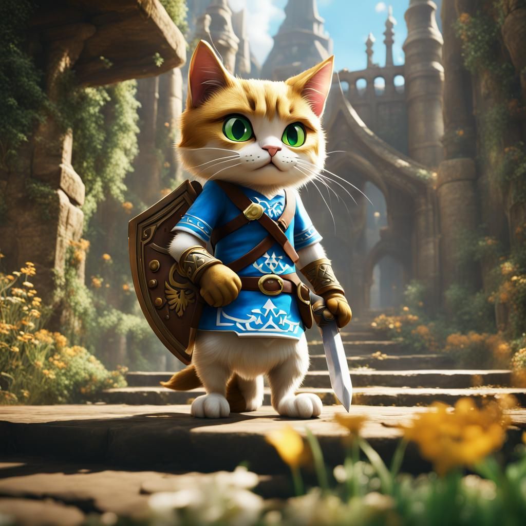 Link Cat: Zelda Hero in Detailed Digital Painting