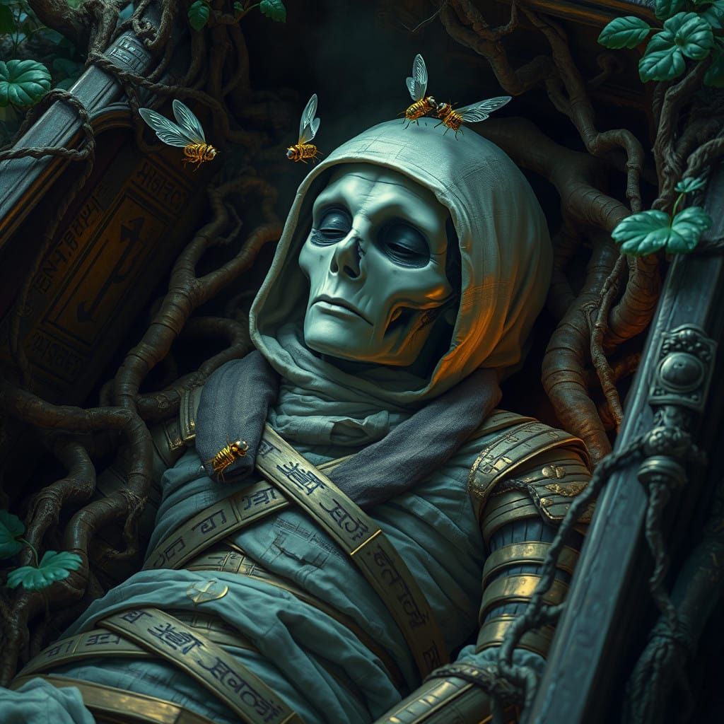 Ethereal Ancient Mummy in Ornate Coffin with Fireflies