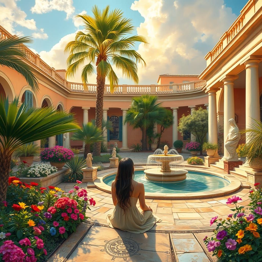Serene Woman in a Greek Courtyard in Impressionist Style