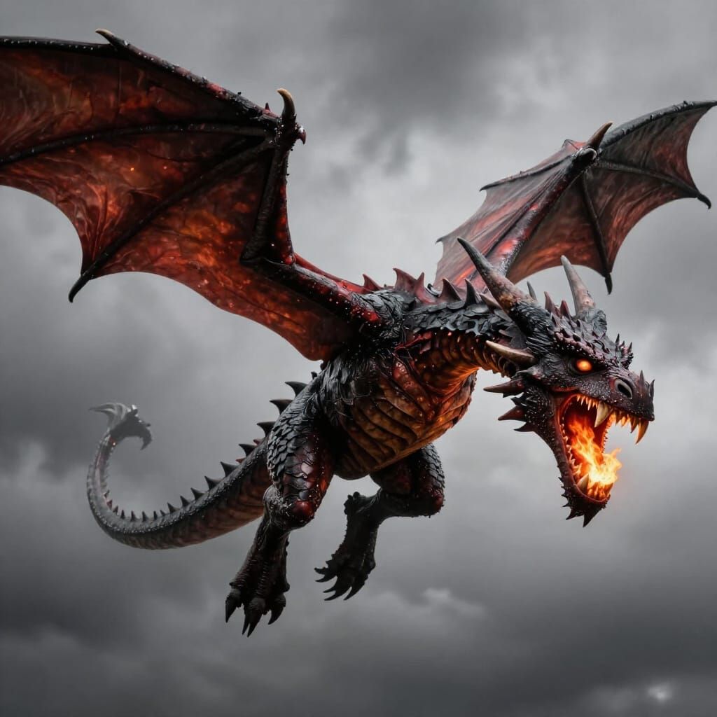 Powerful Dragon Breathing Fire in Dark Sky