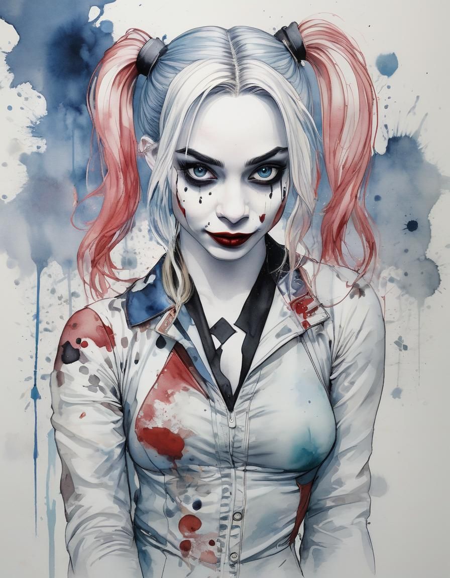 Harley Quinn Watercolor Portrait in Art Nouveau Style