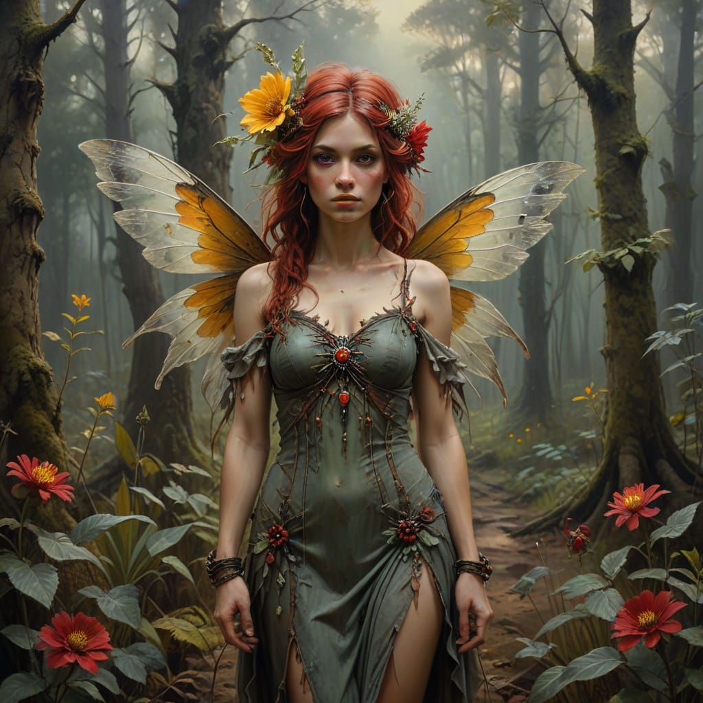 Bohemian Punk Fairy in Forest Oil Painting