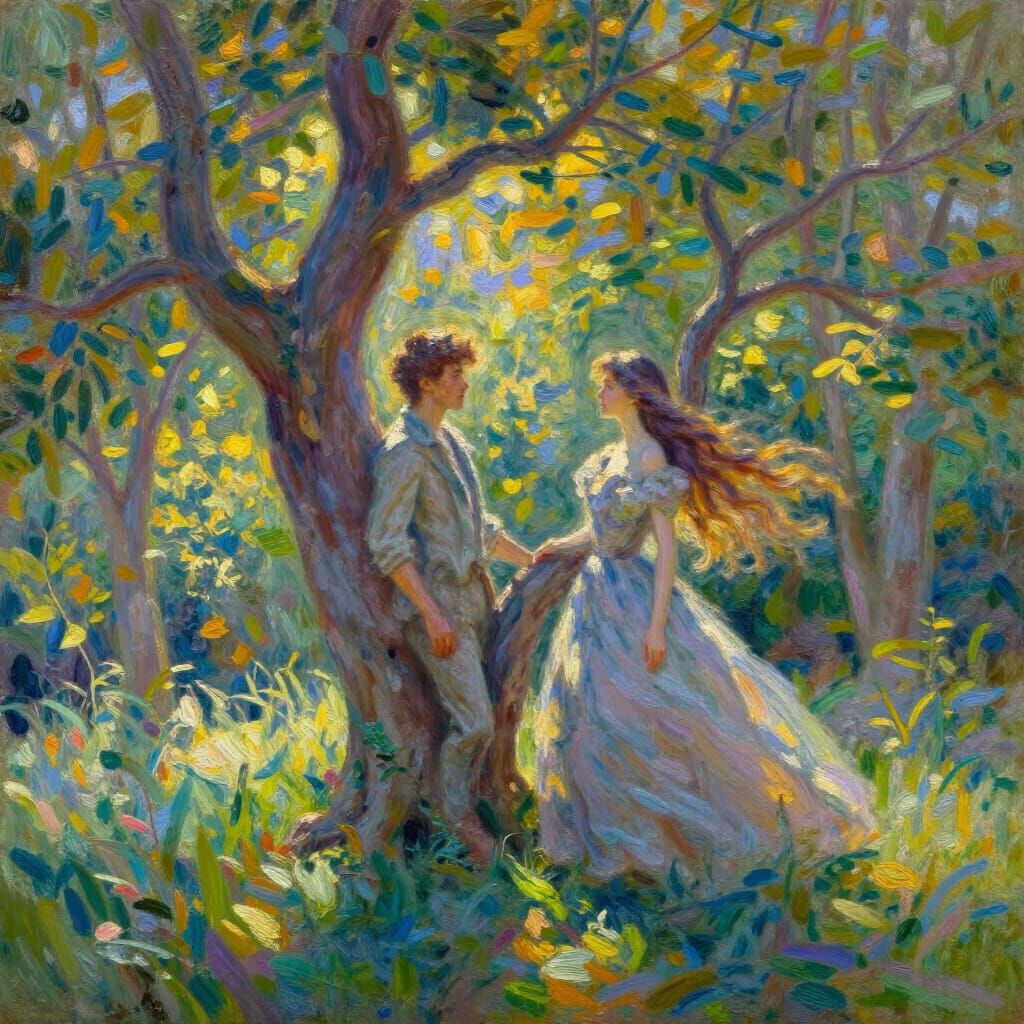 Romantic Forest Scene: Two Trees Entwined in Impressionistic...