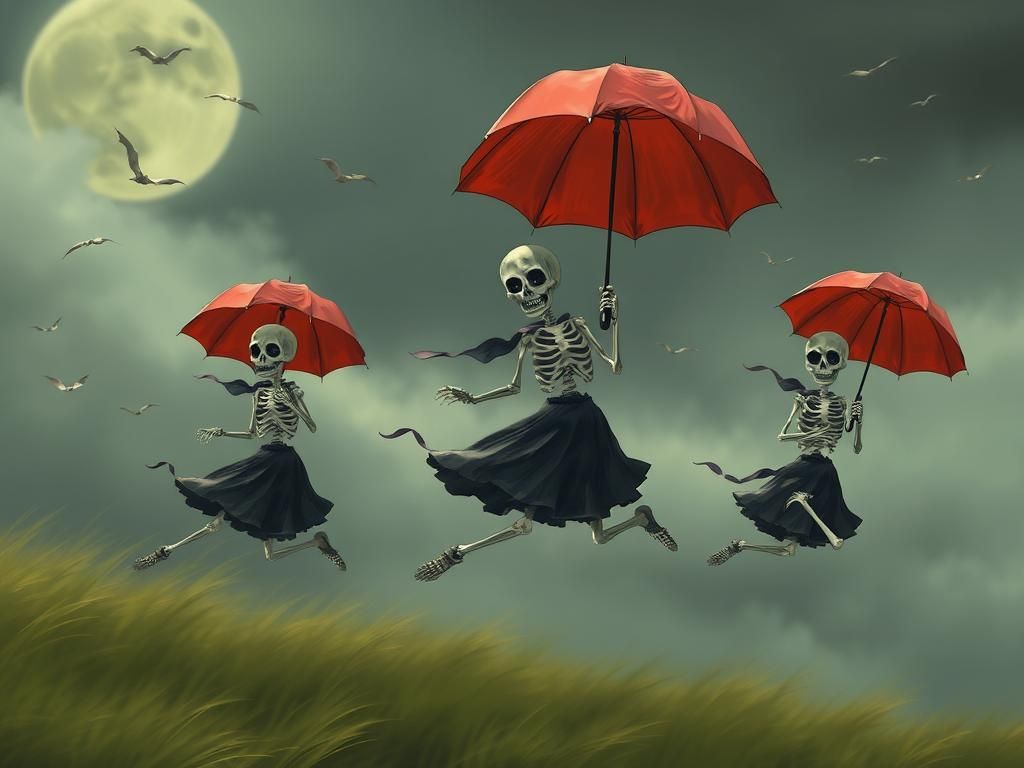 Nanny Skeletons Fly with Umbrellas in the Wind