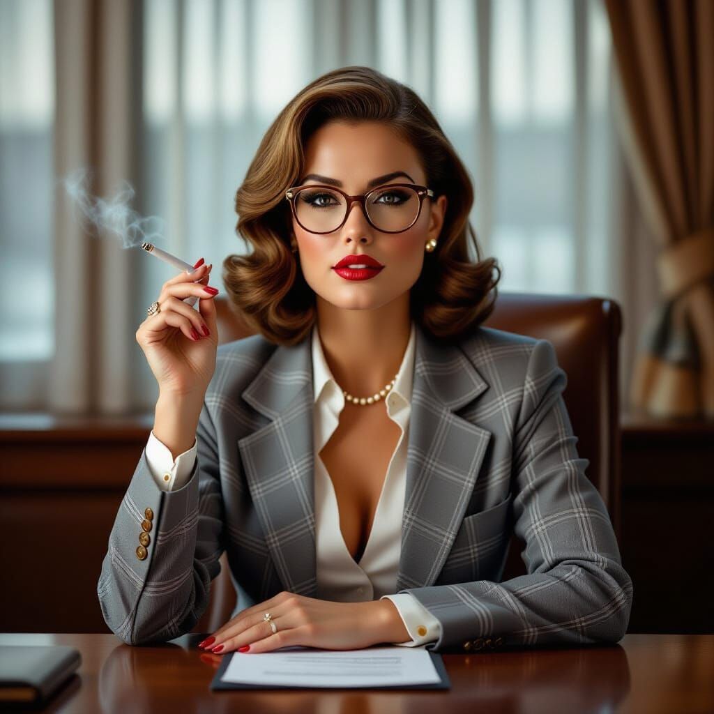 1950s CEO Woman Holding Cigarette in Board Meeting Photo