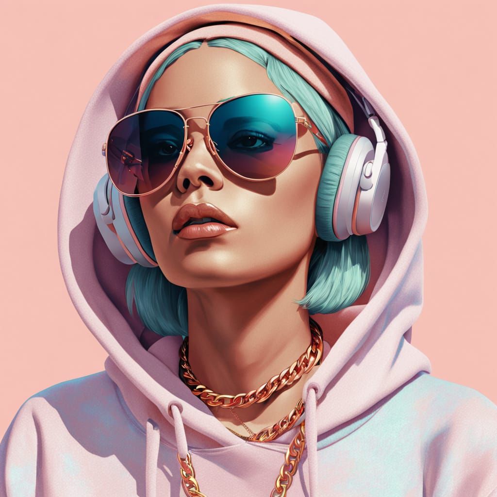 Glamorous Woman in Pastel Rose Hoodie with Golden Chains and...