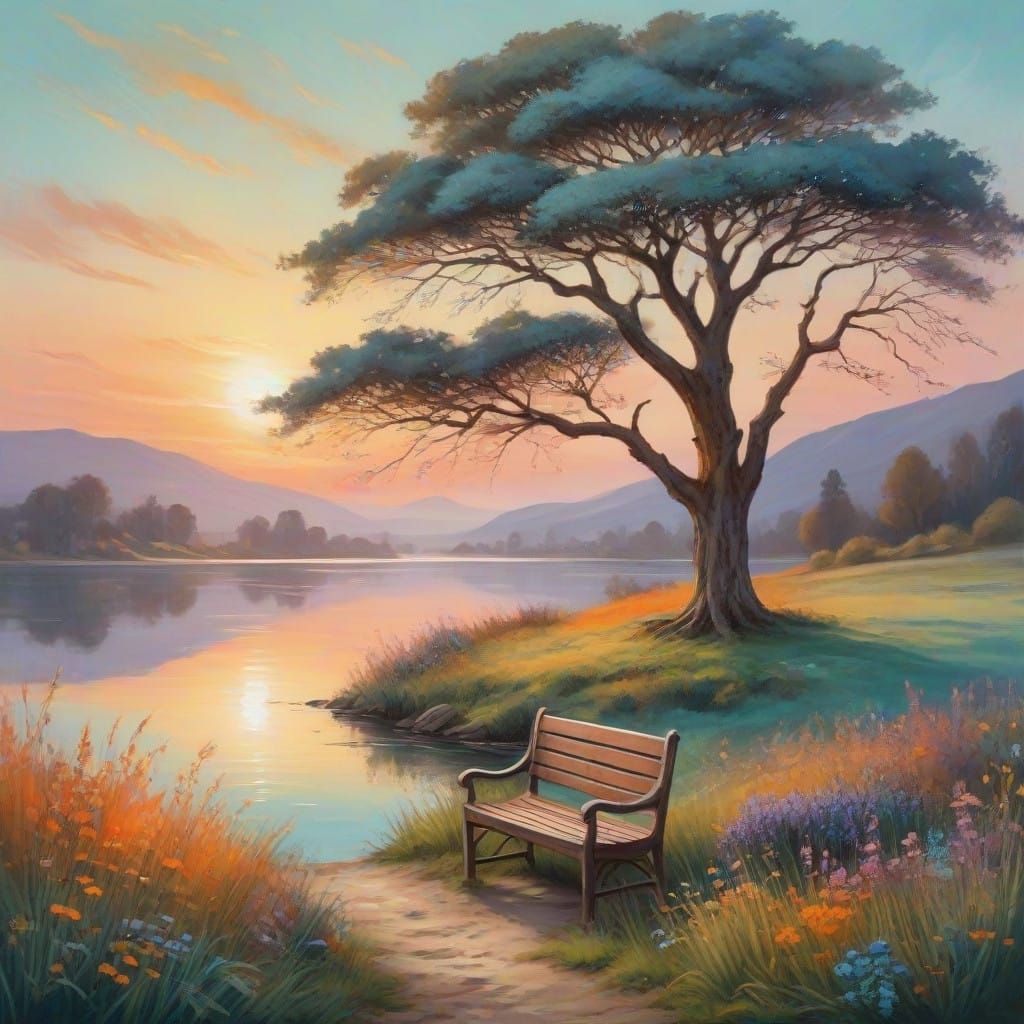 Peaceful Lake Scene at Sunset with Falling Leaves