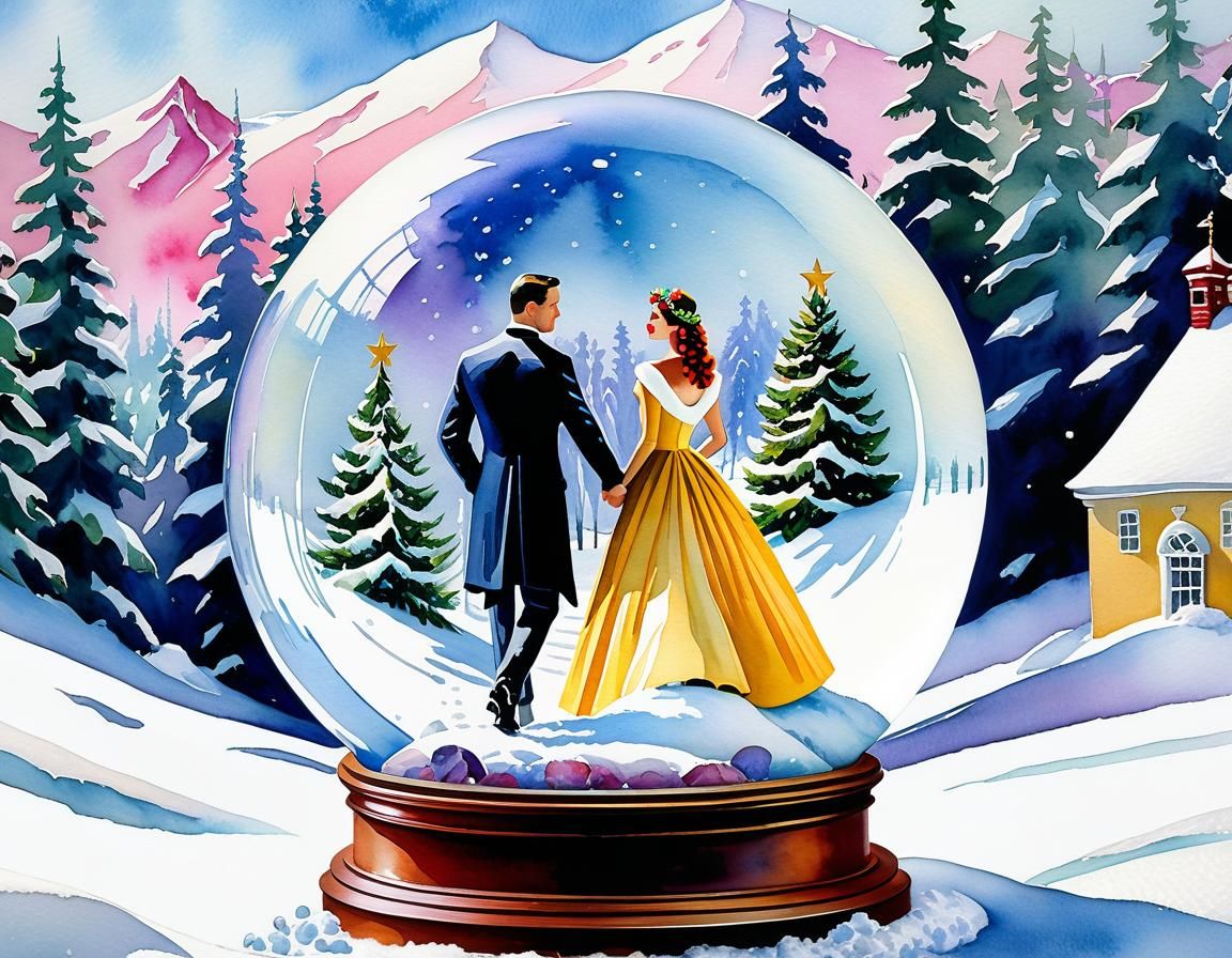 Wedding Couple in Snow Globe, Comic Book Art