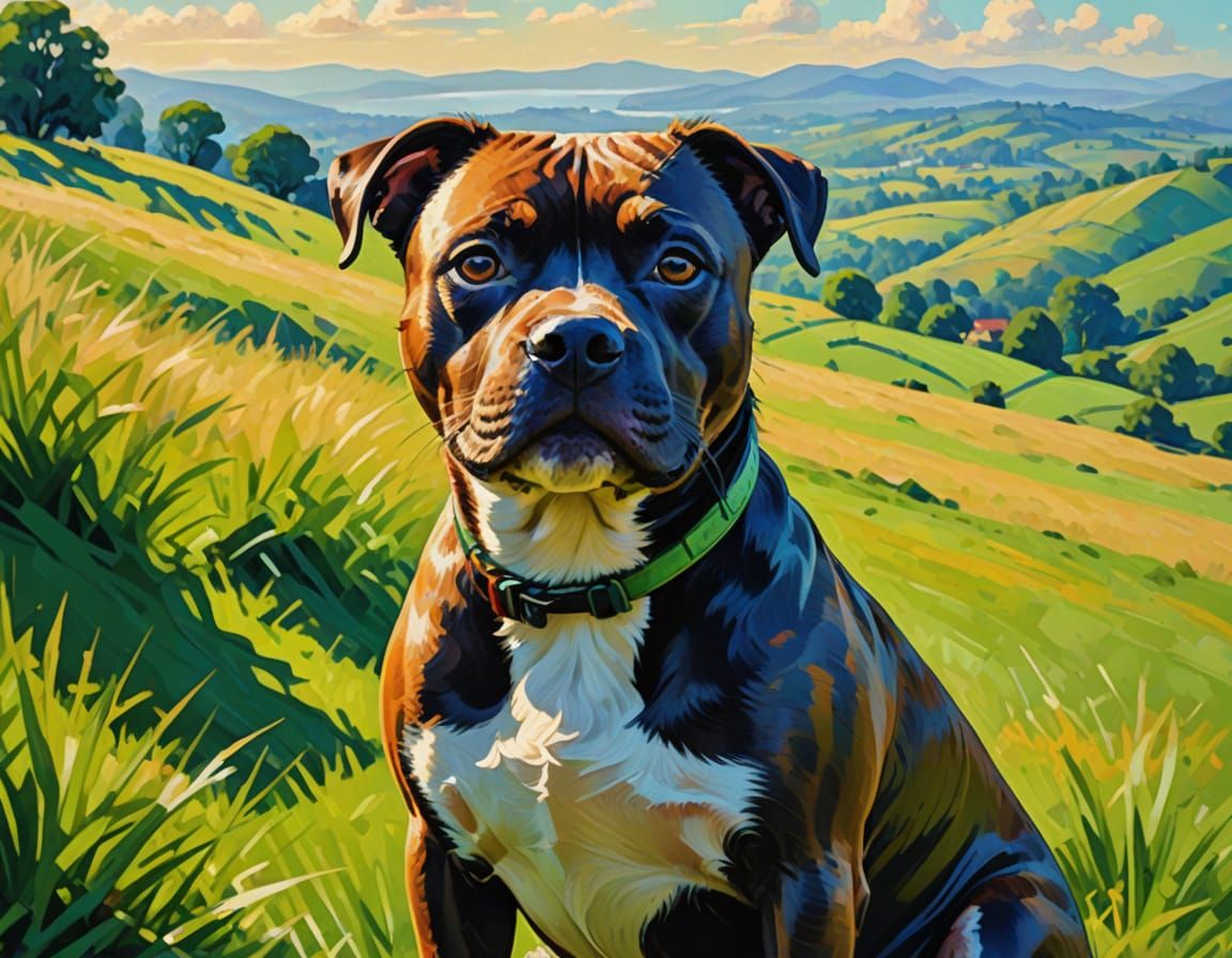 Friendly Staffordshire Bull Terrier Basks in Golden Hour Lig...