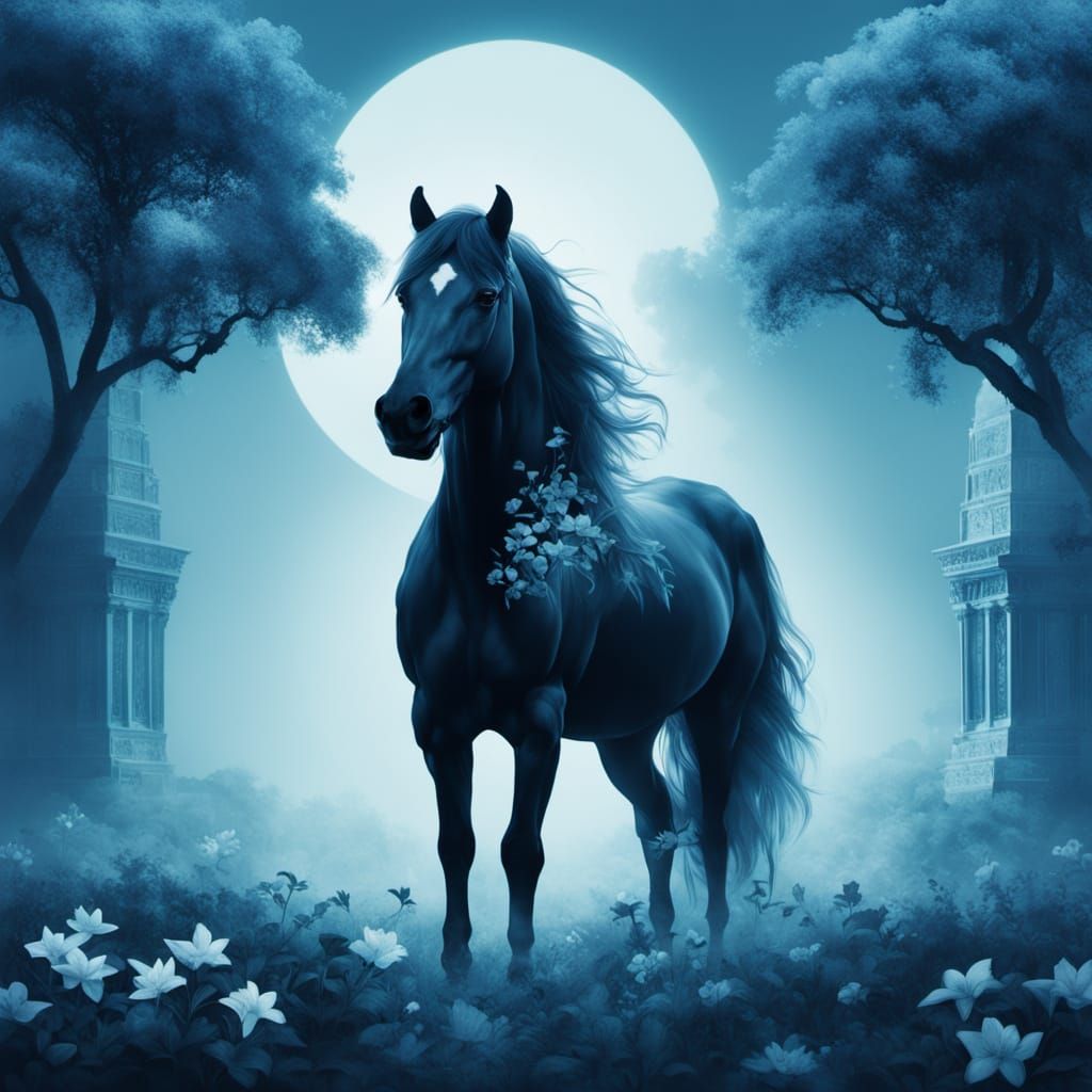 Stallion with Library Double Exposure in Ethereal Style