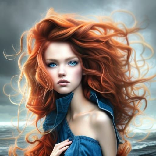 Princess with Red Hair in Hurricane, Hyperrealistic Portrait