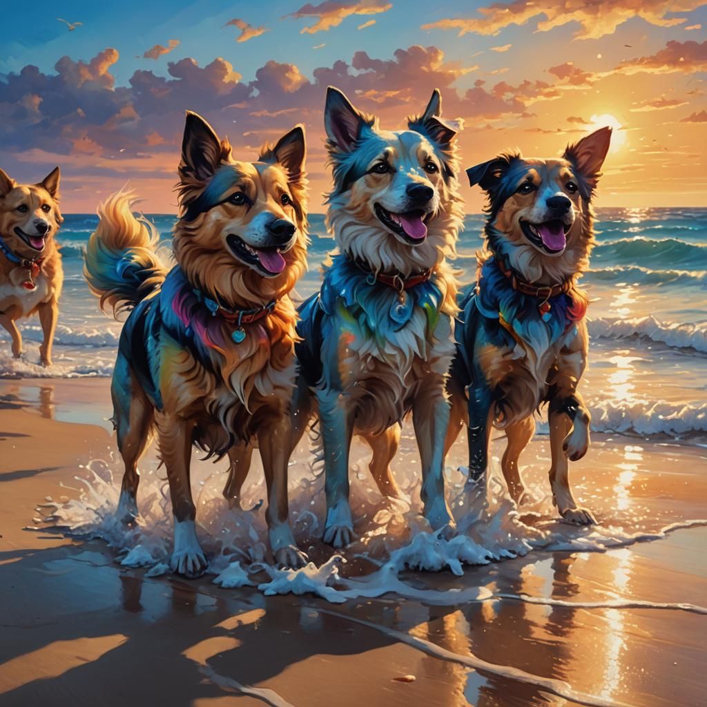 Magic Dogs at Sunset: A Fantasy Oil Painting