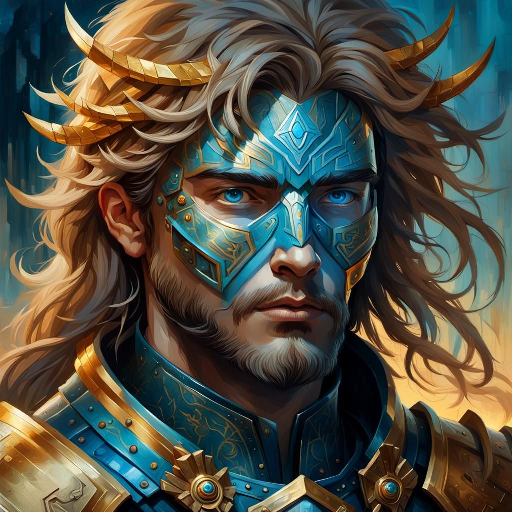 Armored Figure with Glowing Runes, Digital Oil Painting