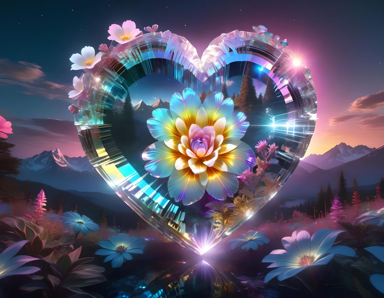 Elegant Goth Girl with Crystal Heart in Surreal Landscape