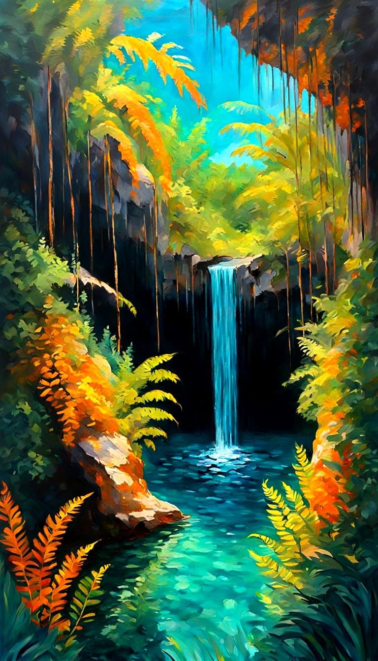 Lush ferns cling to cliffs around  cenote pool cavern with t...