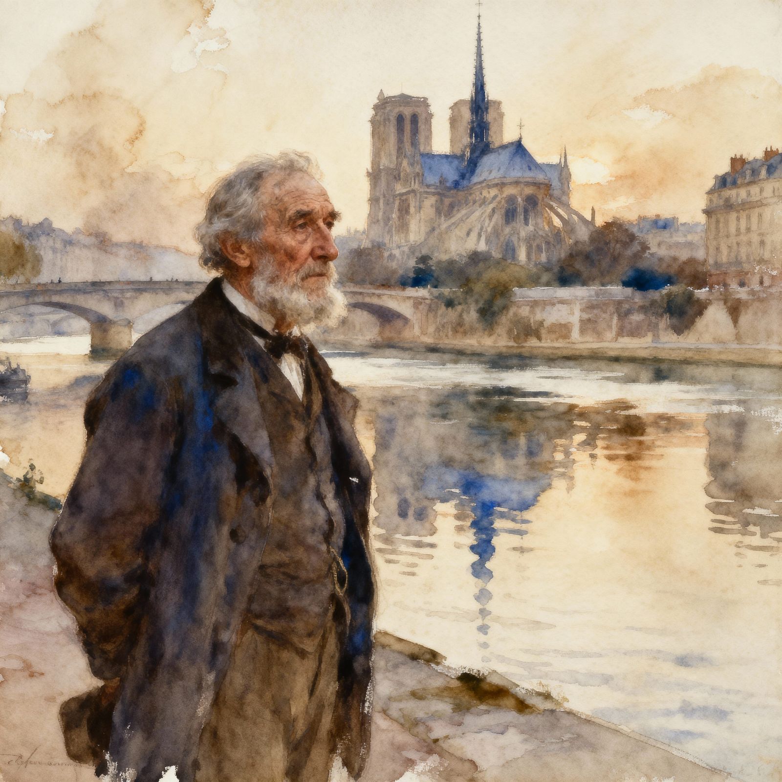 Old Man by Seine River in Paris - 19th Century Memory