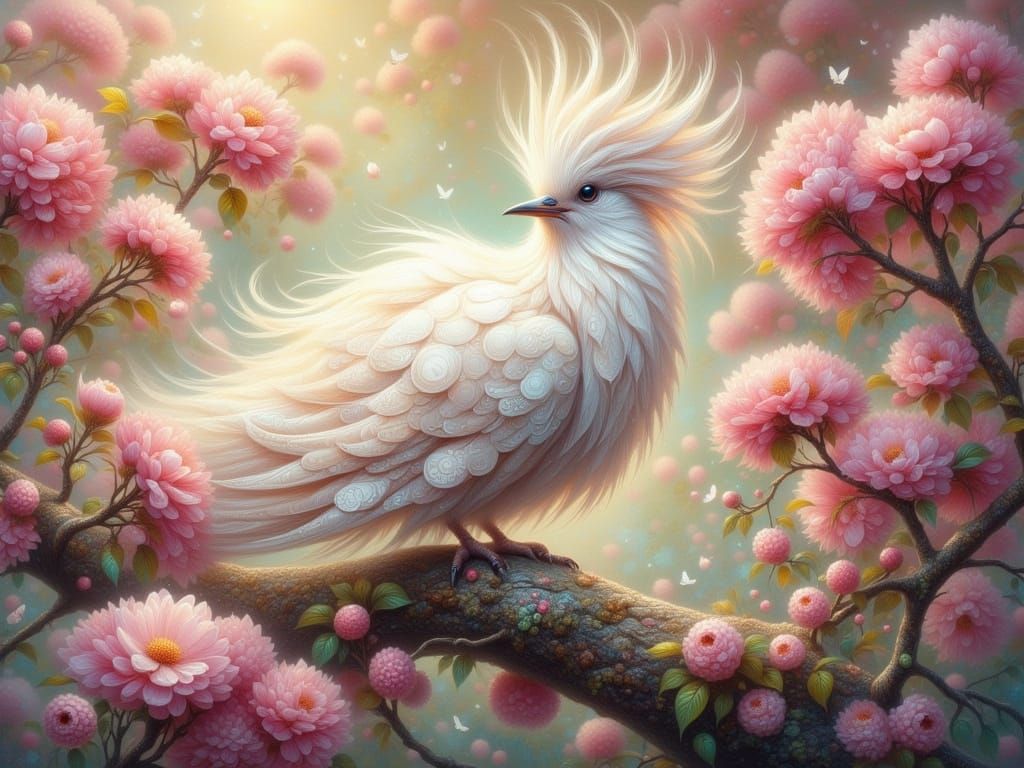 Majestic Bird with Cascading Feathers on Pink Blooms