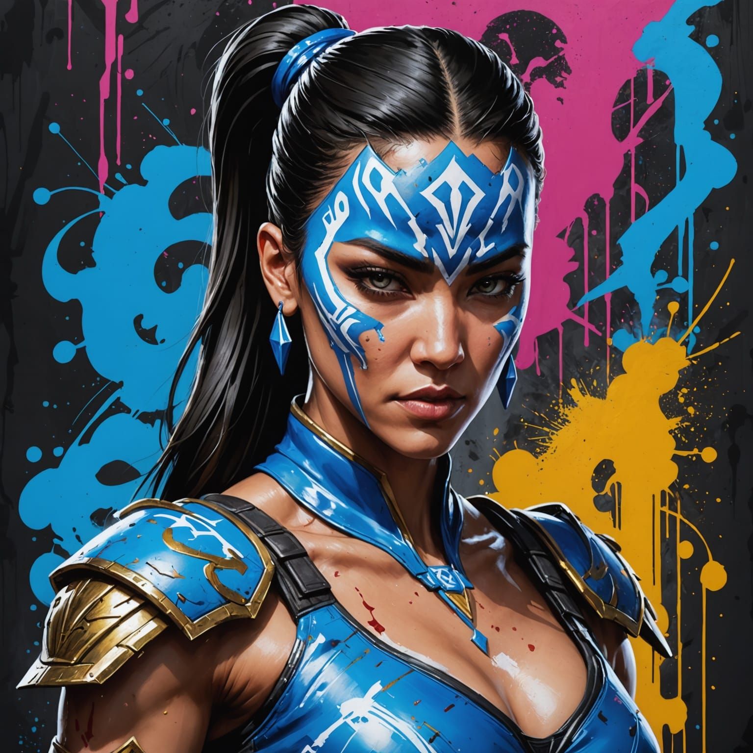 Epic Street Art Portrait of Kitana in High Contrast Colors