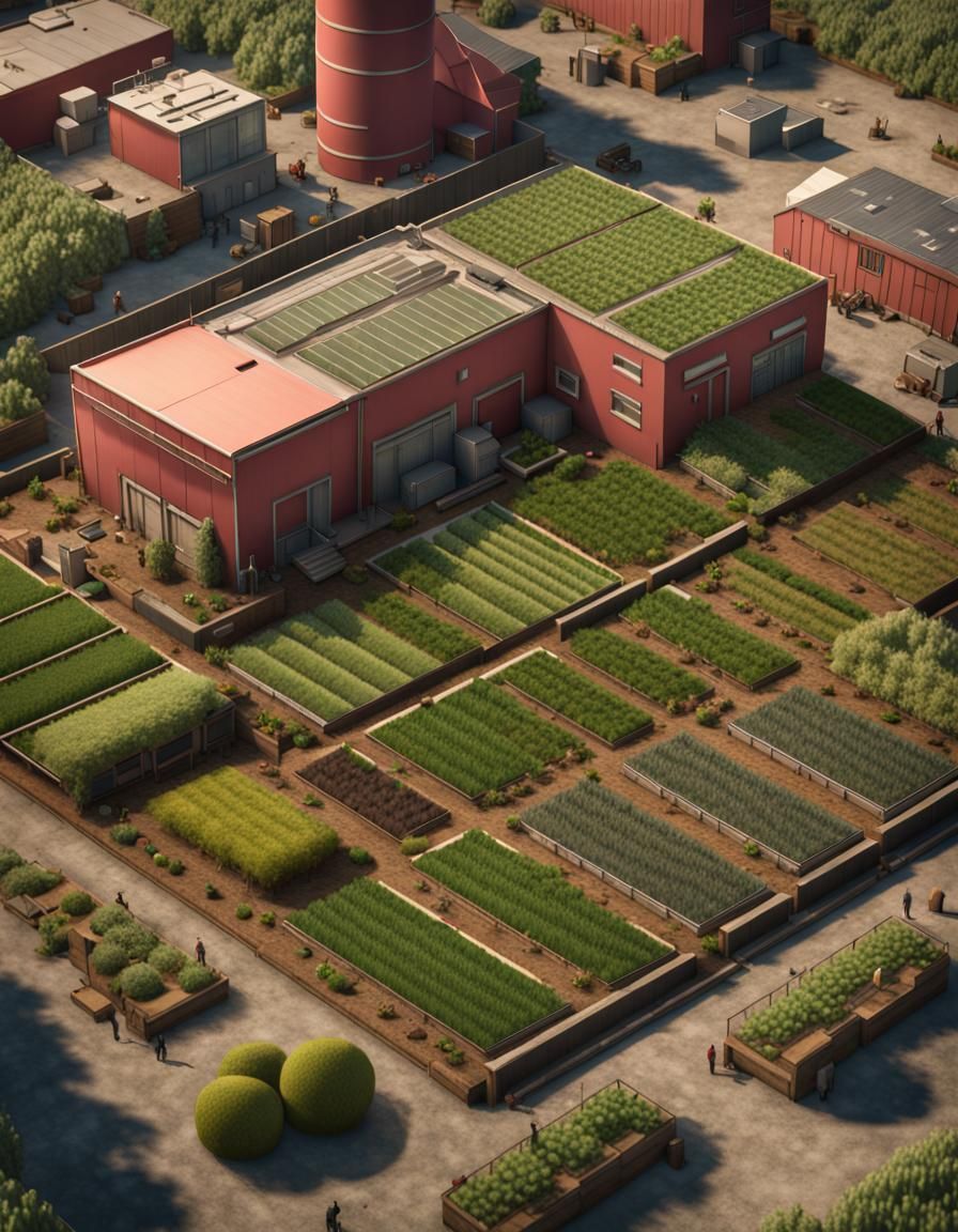 Urban Farm Oasis in Gritty Megalopolis, 3D Render