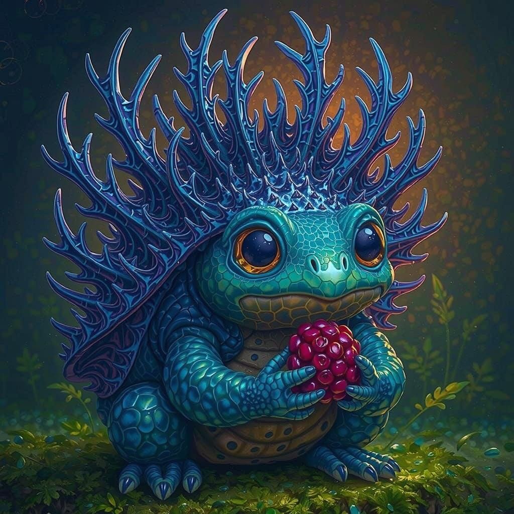 Frog-Tortoise Creature with Spiny Shell Holds Berry