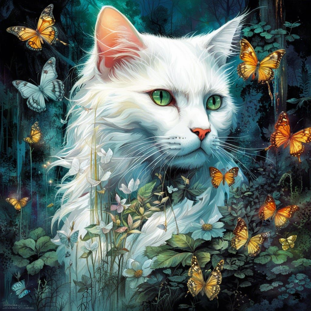 Luminous White Cat in Enchanted Rainforest