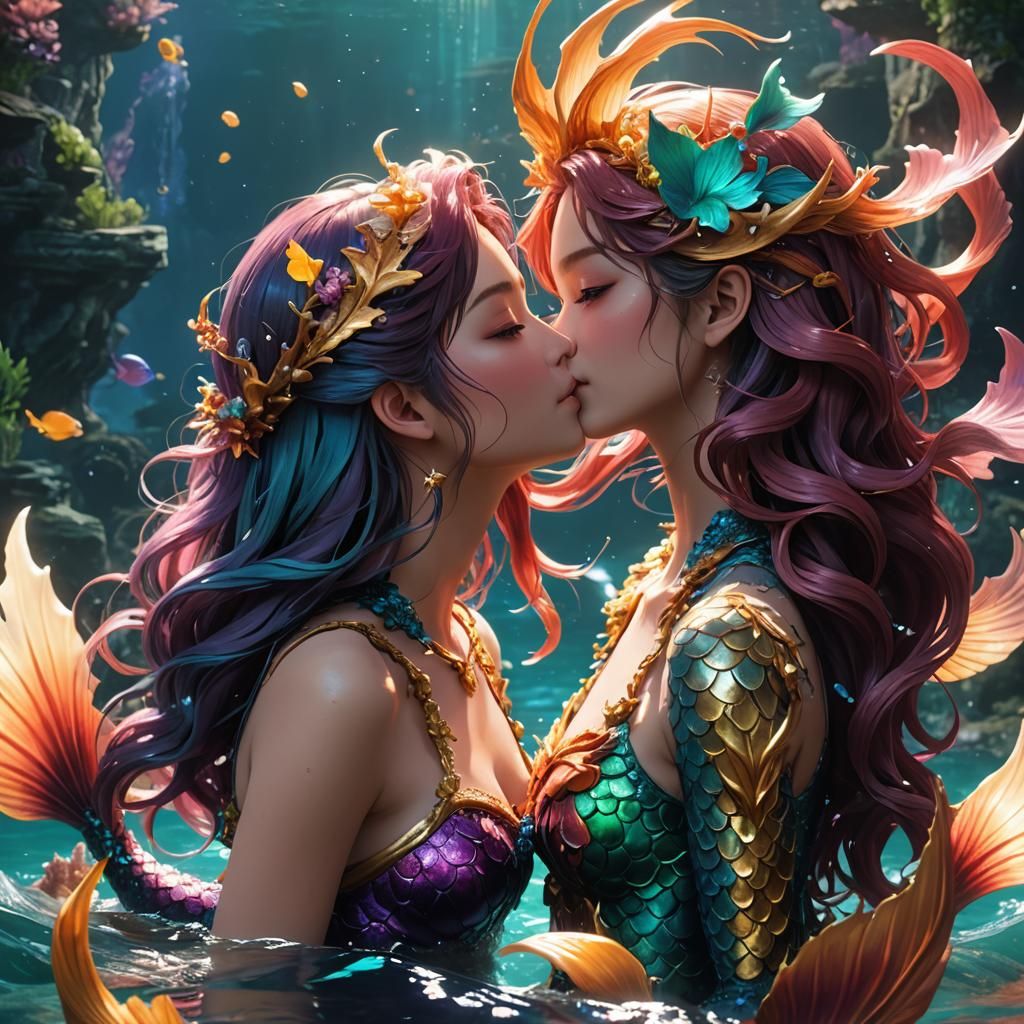 Anime Mermaids Share a Kiss in Detailed Painting