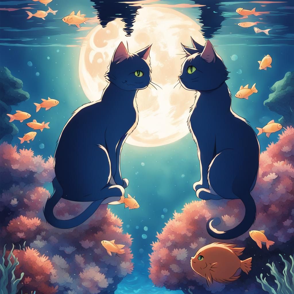 Anime Style Cats in Love Underwater Scene