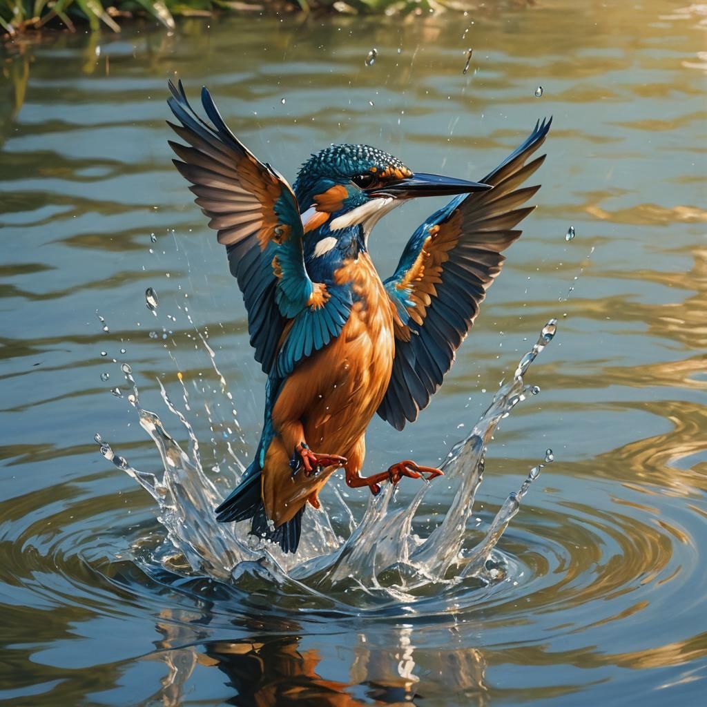 Kingfisher Diving: Vibrant Oil Painting in Sunlight