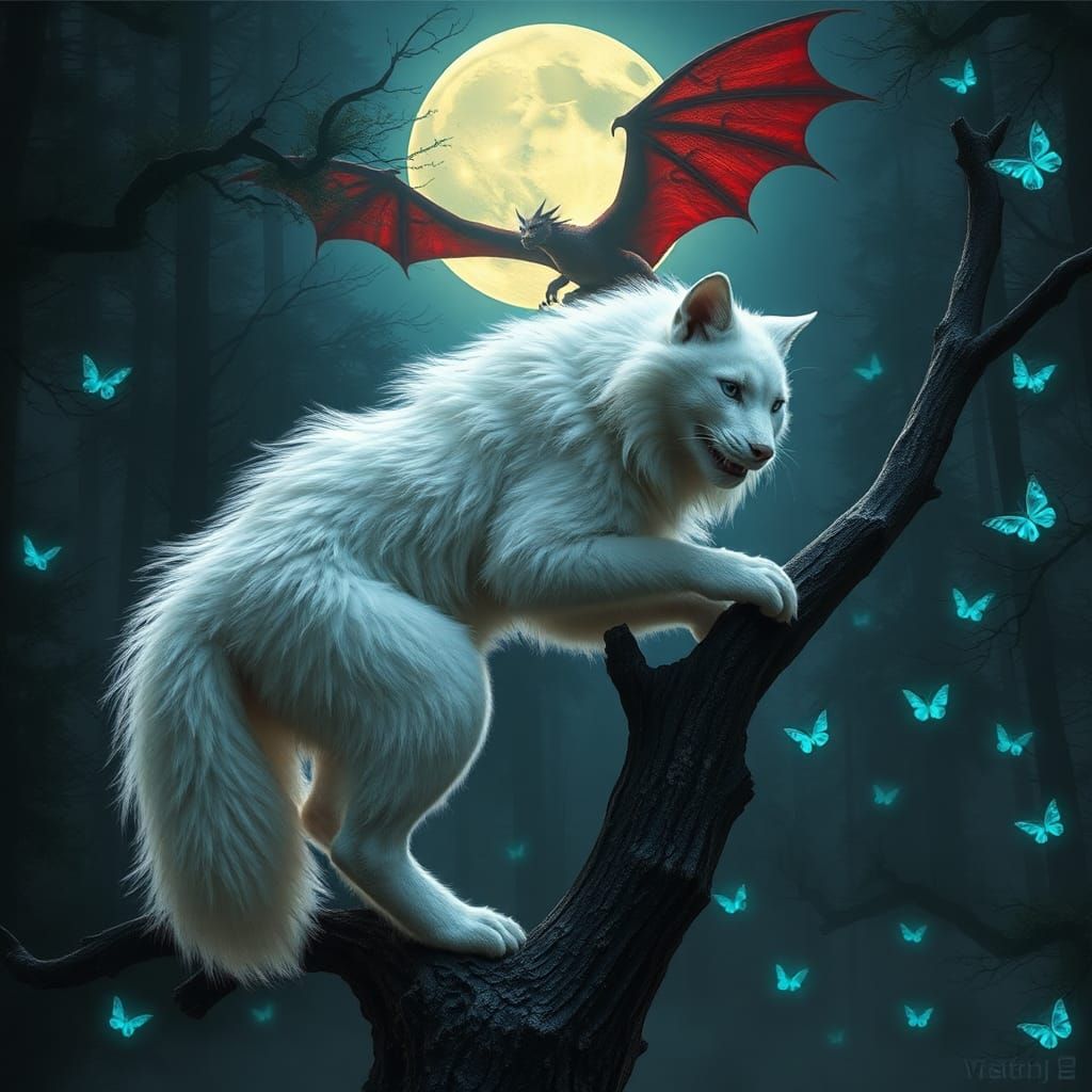 Werewolf-Cat Hybrid in Misty Forest, Photorealistic Style