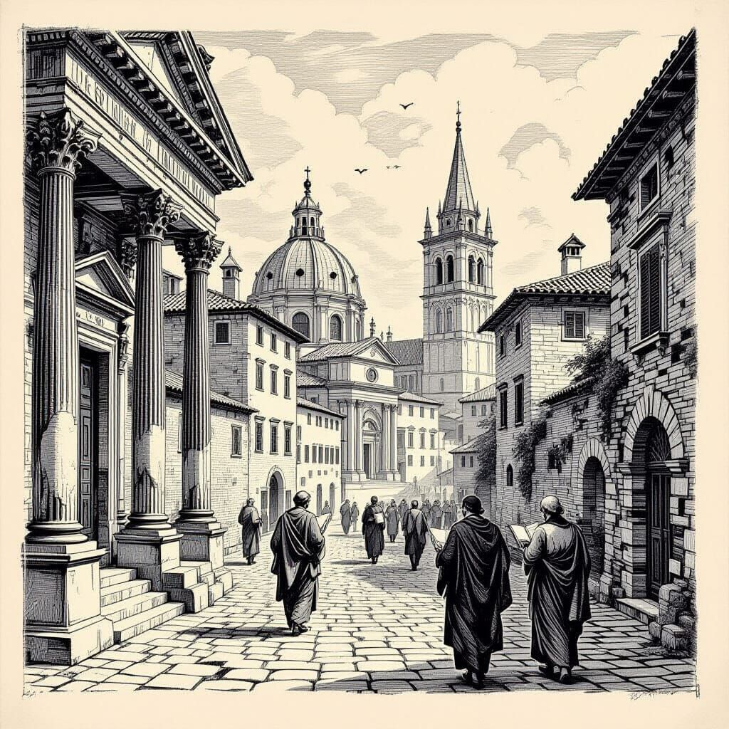 Old European City Engraving: Philosophers and Ancient Archit...