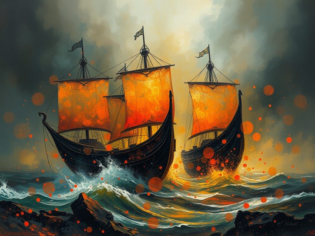 Viking Drakkar Ships Race in Oil Painting Style