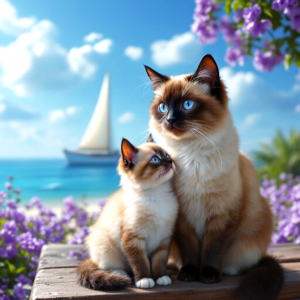Siamese Cat Family Enjoying Beach View with Sail Ship