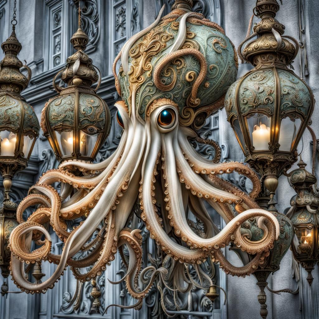 Intricate Squid with Tentacle Ornaments and Lanterns