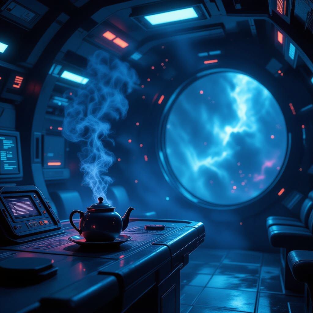Abandoned Spaceship Bridge with Glowing Teapot in Cosmic Sty...