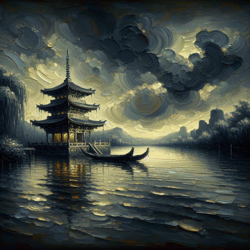 Silver Pagoda Floats on River Under Ominous Sky