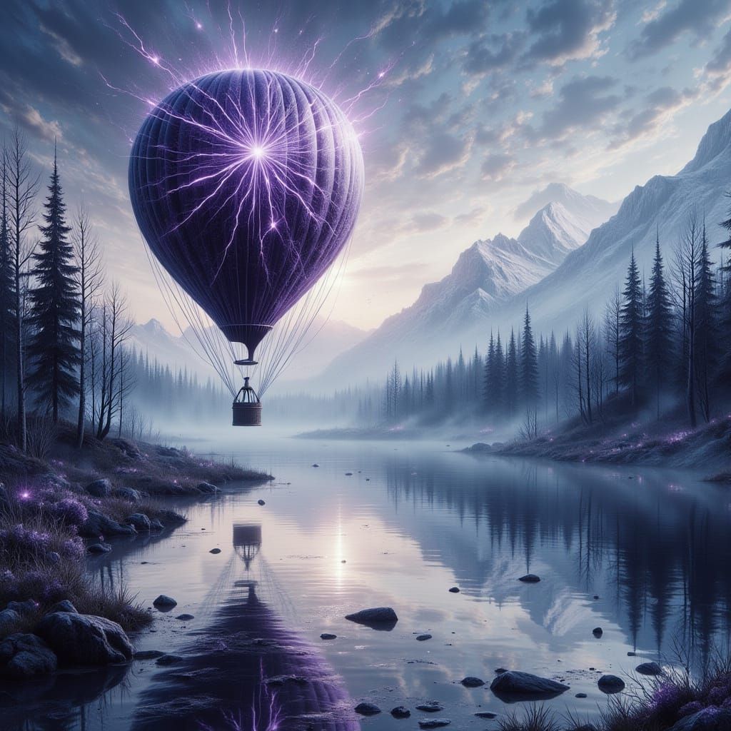 Purple Snowflake Balloon Over Lake in Ink Painting Style
