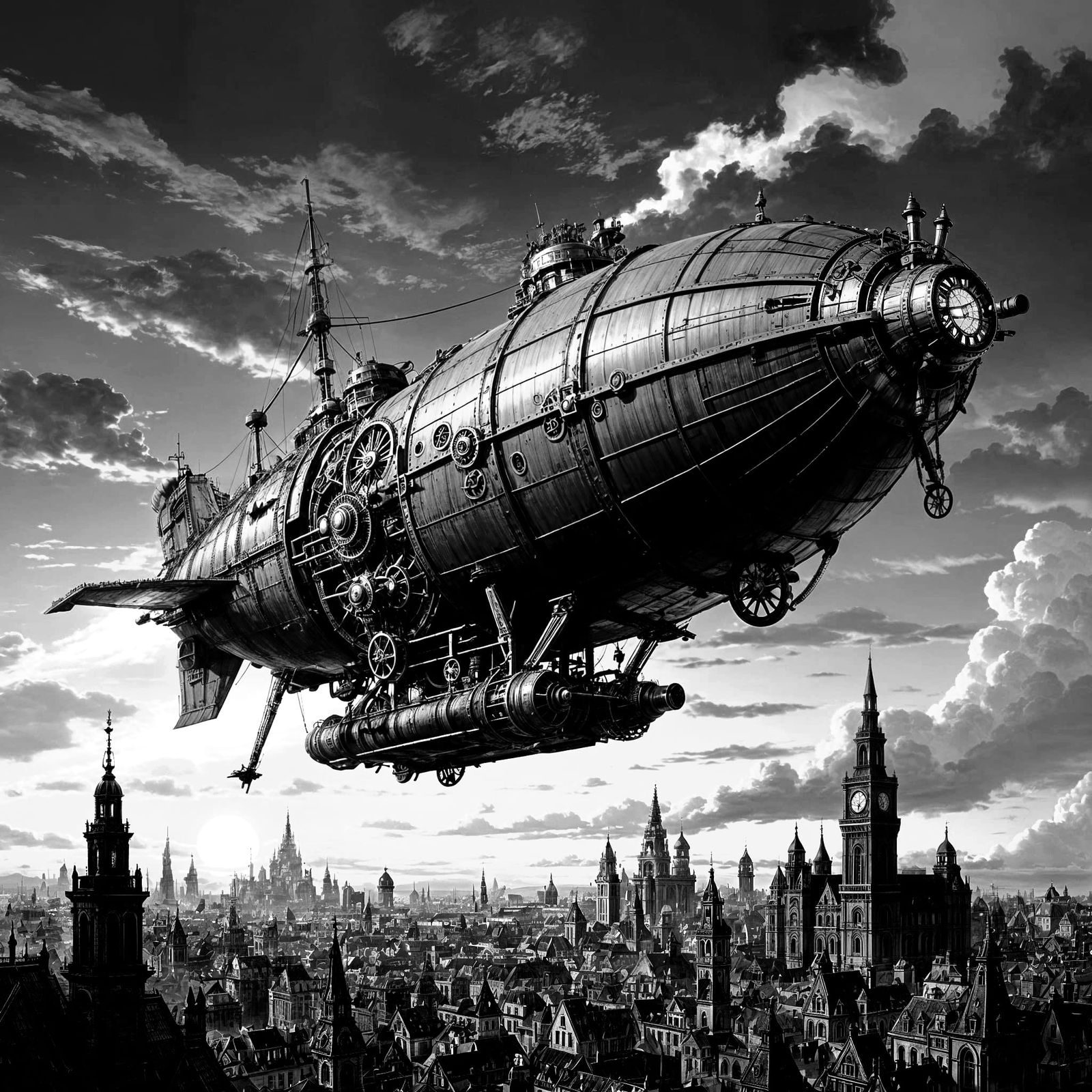 A steampunk-inspired airship soaring through an overcast sky above a sprawling Victorian city.