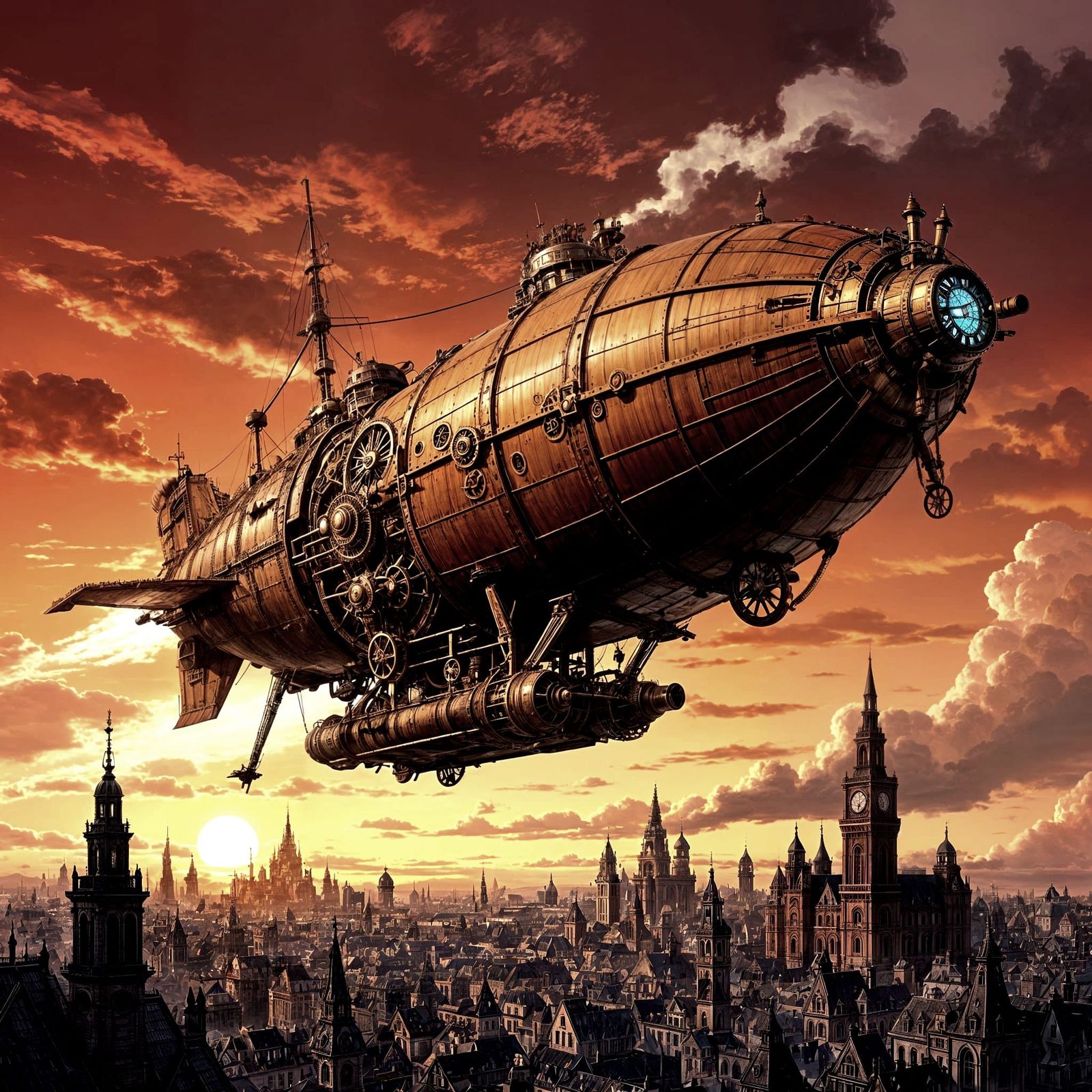 A steampunk-inspired airship soaring through a crimson sky above a sprawling Victorian city.