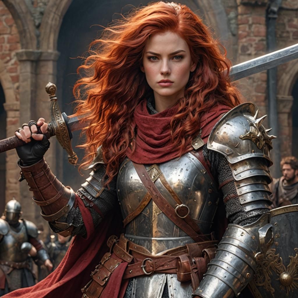 23 year old female, long sleek red bouffant hair,  battered armour, sword held in right hand, dented metal shield on lef...