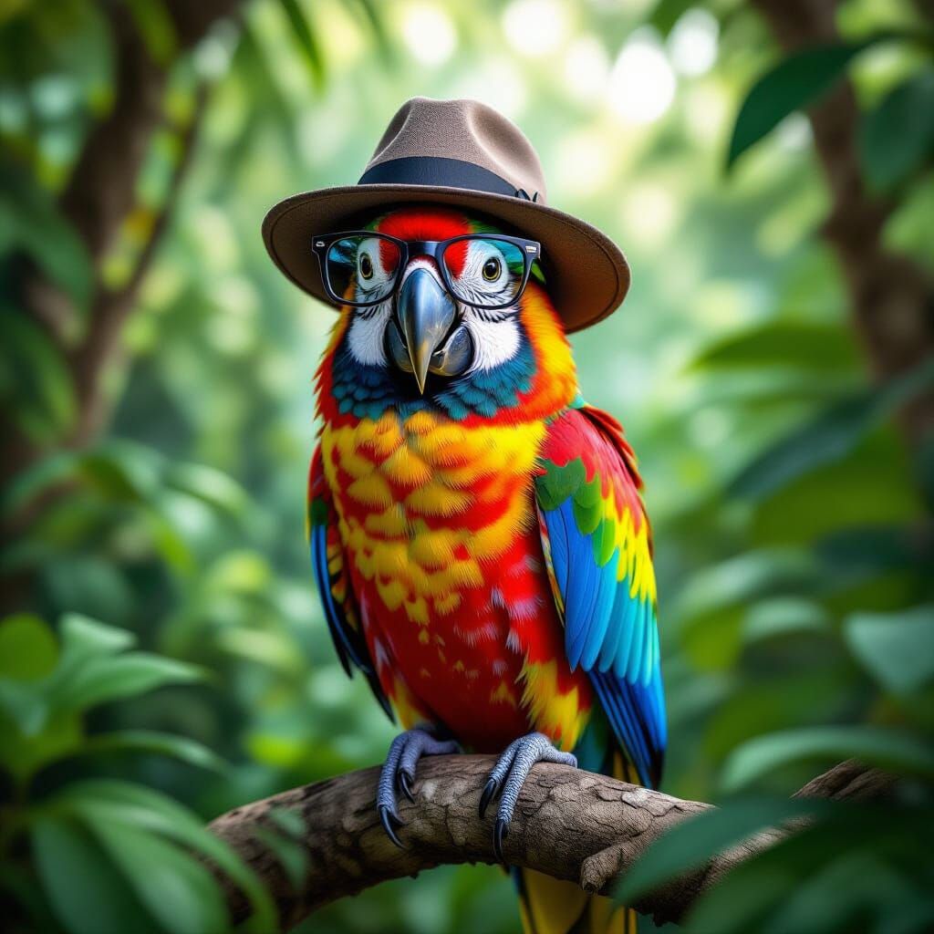 Parrot in Fedora and Glasses in Photorealistic Style