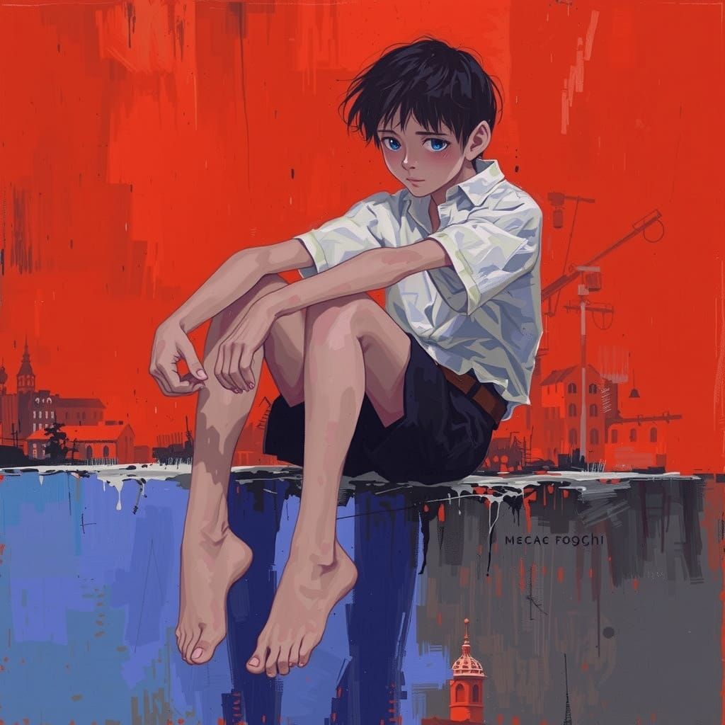 Melancholy Figure in Dimly Lit Room Overlooking Cityscape